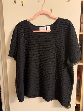 Alfred Dunner Black Short Sleeve Ruffled Stripe Top with Subtle Shimmer